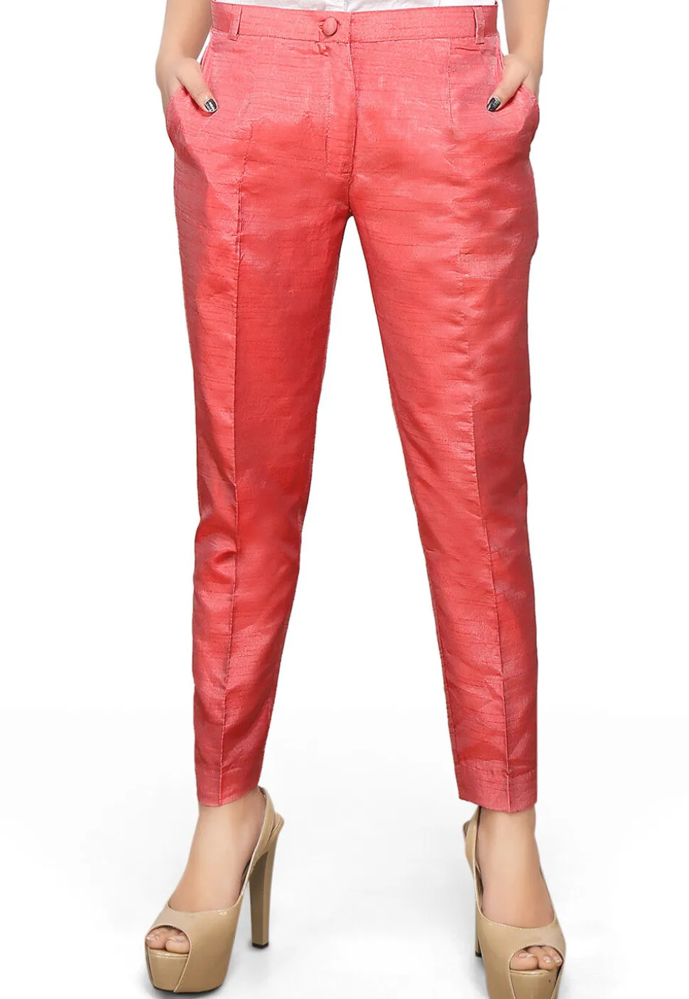 Solid Color Dupion Silk Straight Pant in Coral
