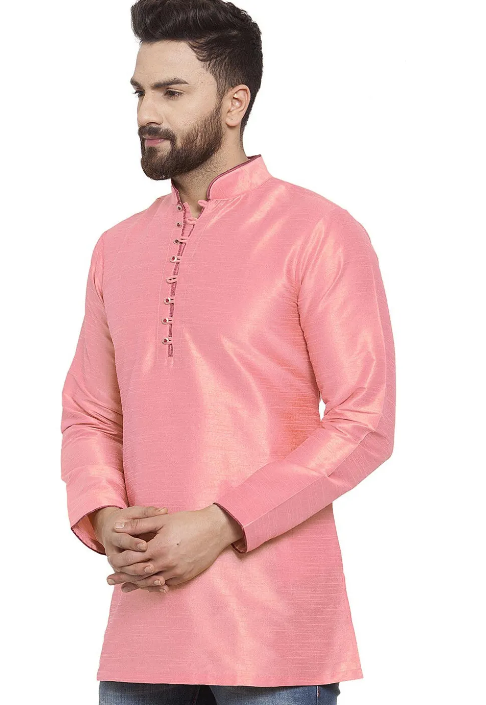 Solid Color Dupion Silk Short Kurta in Pink