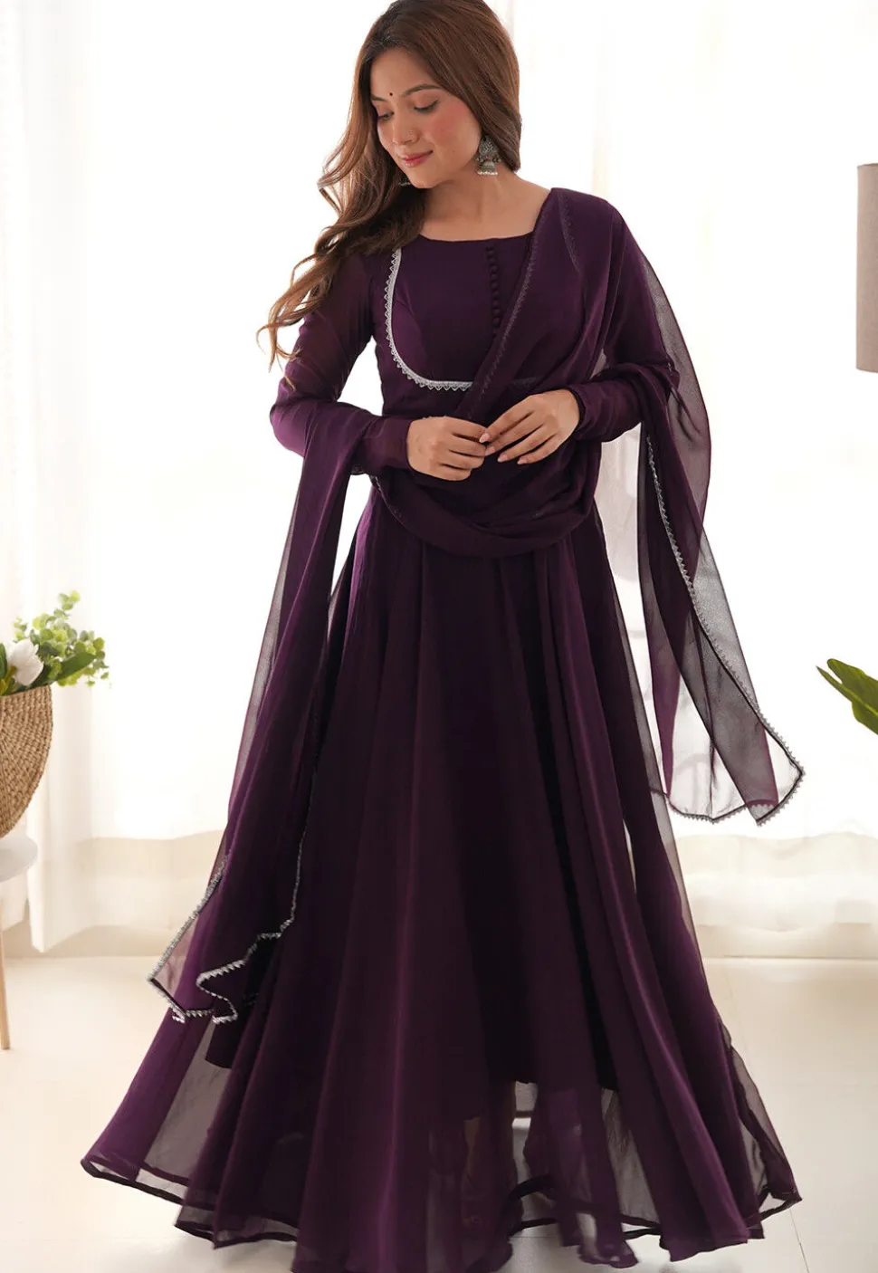 Solid Color Georgette Abaya Style Suit in Wine