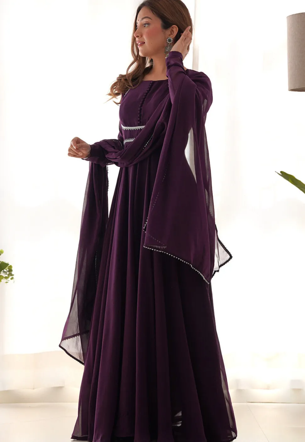 Solid Color Georgette Abaya Style Suit in Wine