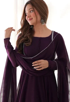 Solid Color Georgette Abaya Style Suit in Wine