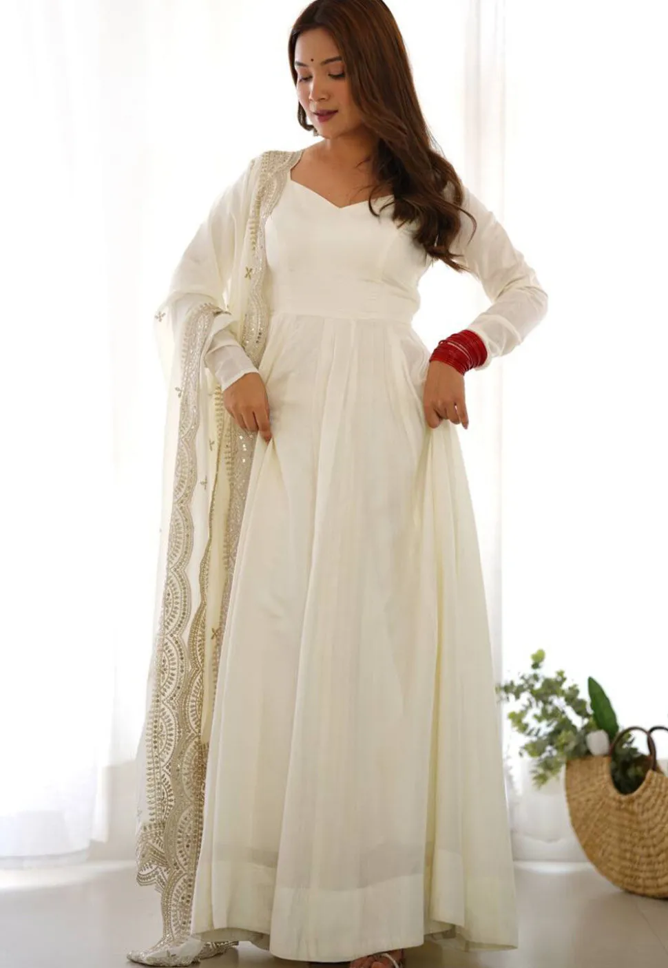 Solid Color Georgette Abaya Style Suit in Off White