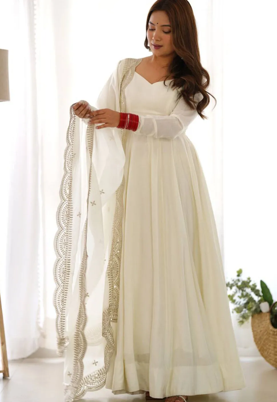 Solid Color Georgette Abaya Style Suit in Off White
