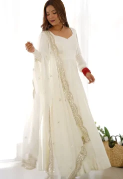 Solid Color Georgette Abaya Style Suit in Off White