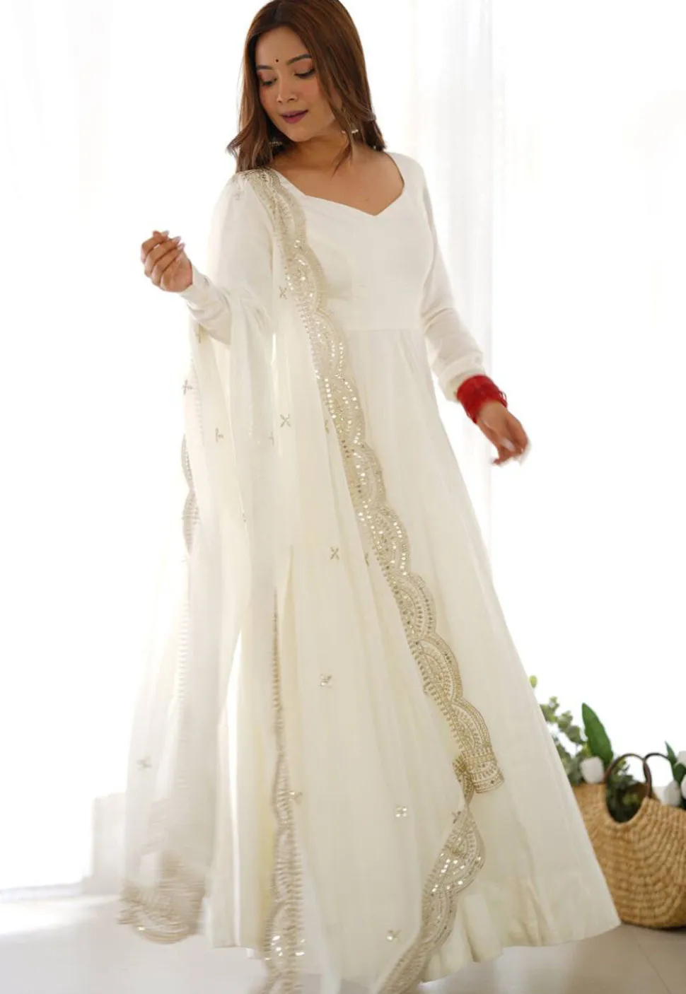 Solid Color Georgette Abaya Style Suit in Off White