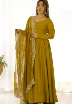 Solid Color Georgette Abaya Style Suit in Mustard