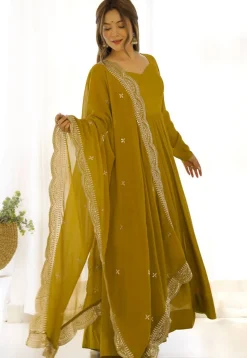 Solid Color Georgette Abaya Style Suit in Mustard