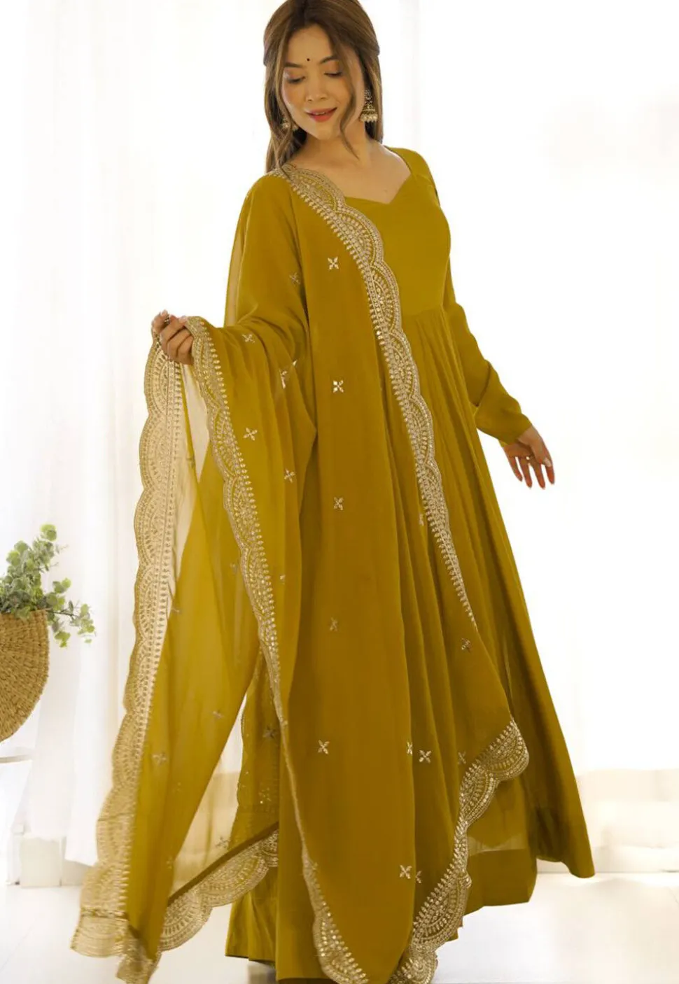 Solid Color Georgette Abaya Style Suit in Mustard