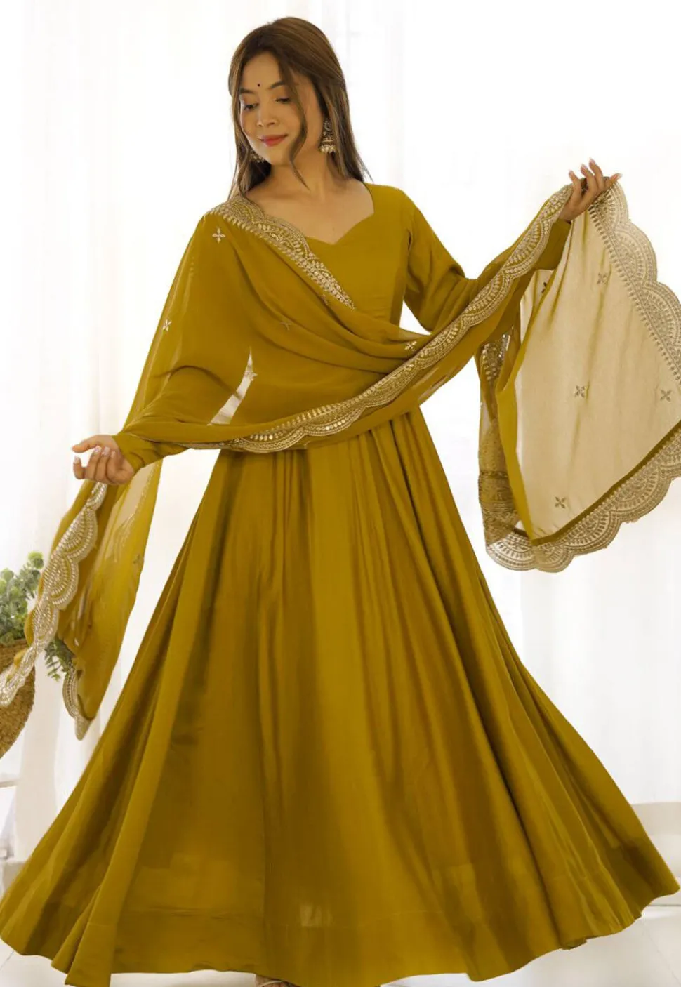Solid Color Georgette Abaya Style Suit in Mustard