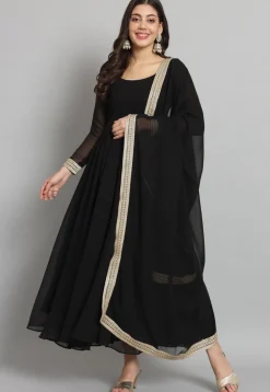 Solid Color Georgette Aline Suit in in Black