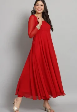 Solid Color Georgette Aline Suit in in Red