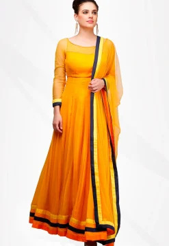 Solid Color Georgette Anarkali Suit in Yellow