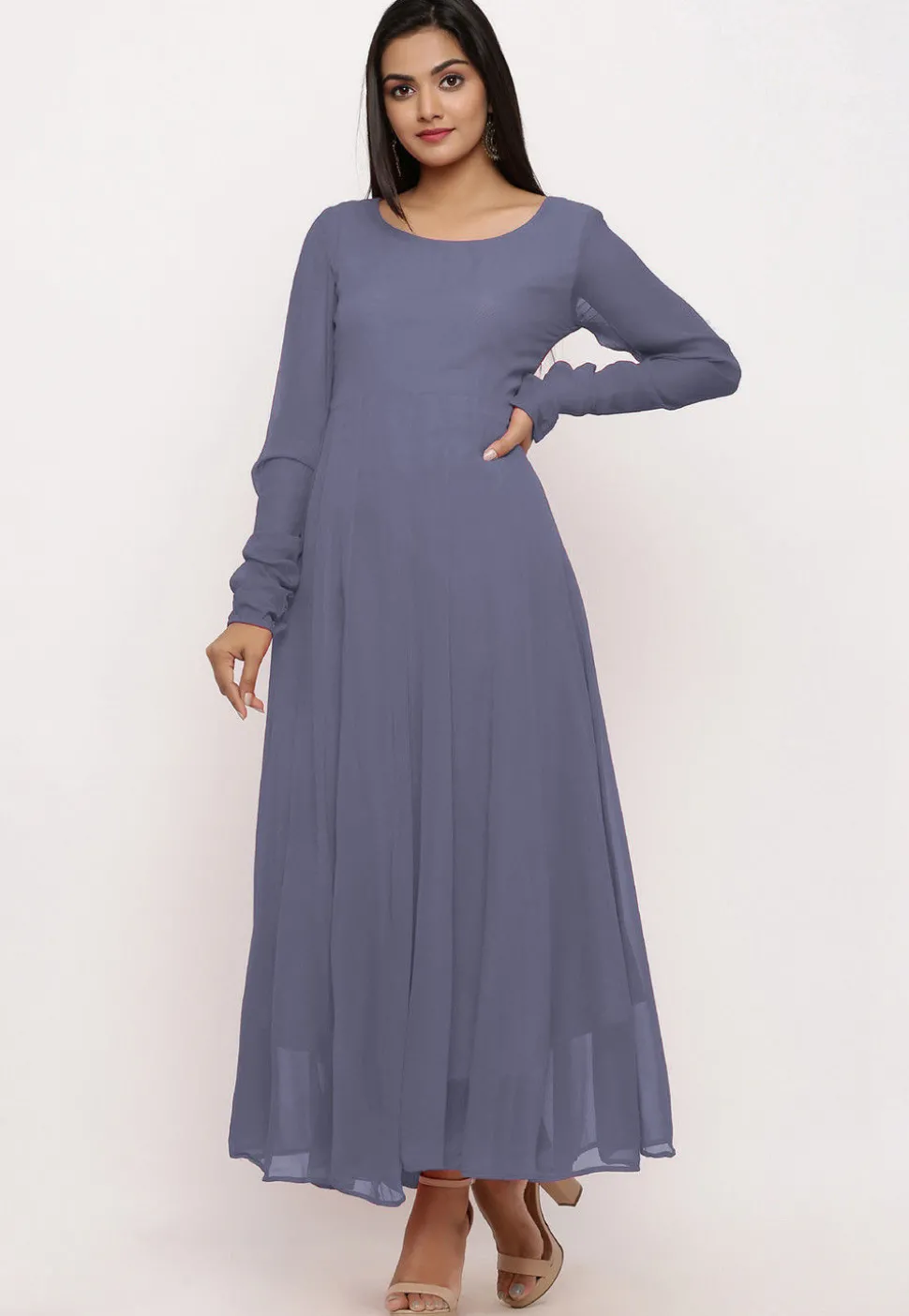 Solid Color Georgette Anarkali Kurta in Grey