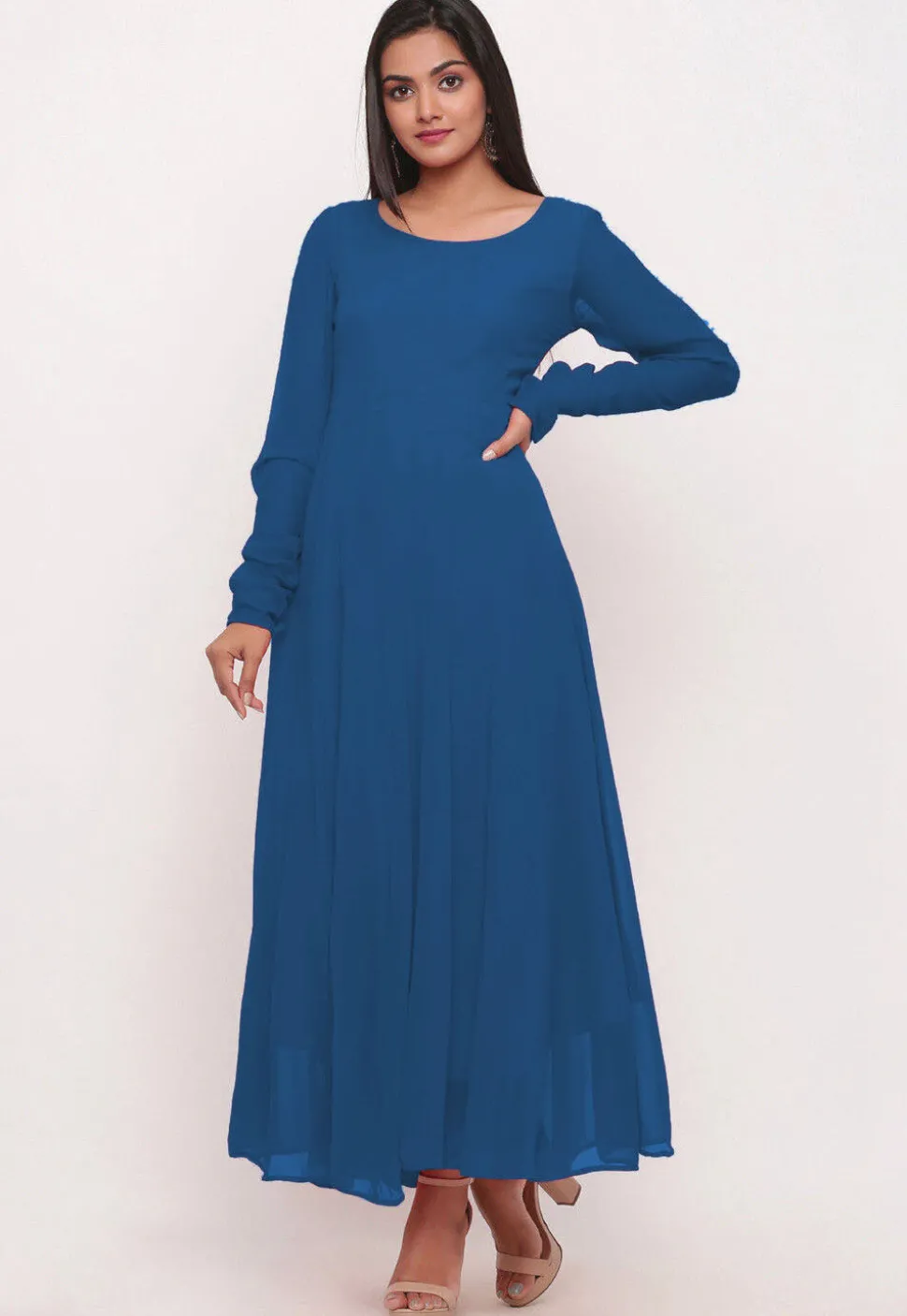 Solid Color Georgette Anarkali Kurta in Teal Blue