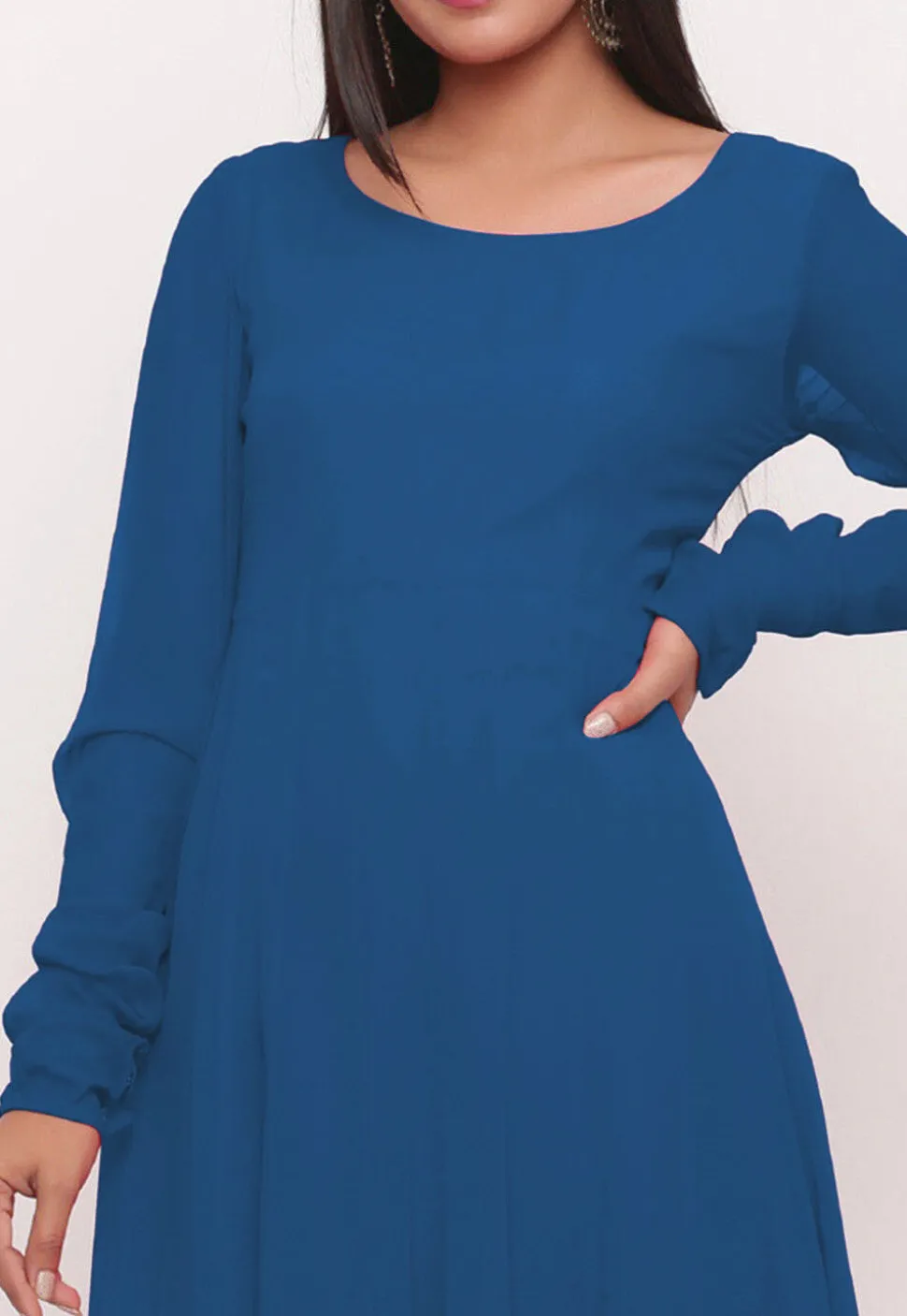 Solid Color Georgette Anarkali Kurta in Teal Blue