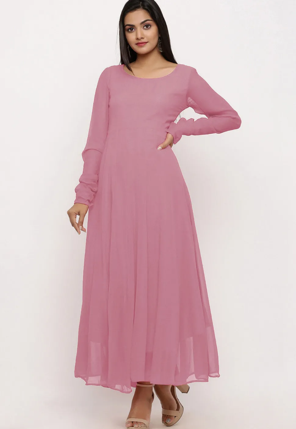 Solid Color Georgette Anarkali Kurta in Baby Pink