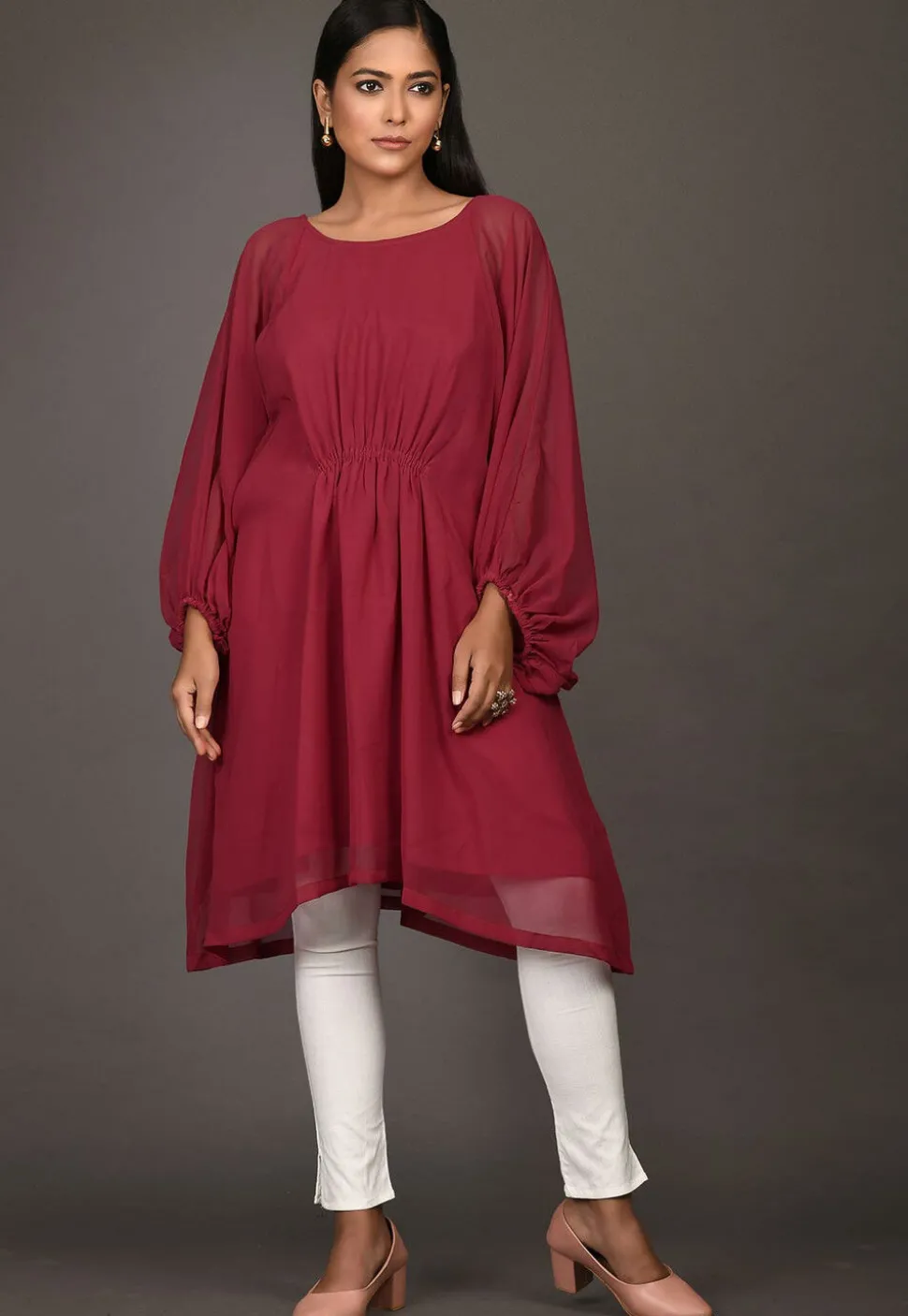 Solid Color Georgette Asymmetric Tunic in Maroon