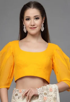 Solid Color Georgette Back Cut Out Blouse in Mustard