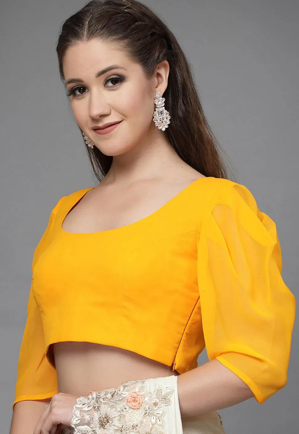 Solid Color Georgette Back Cut Out Blouse in Mustard