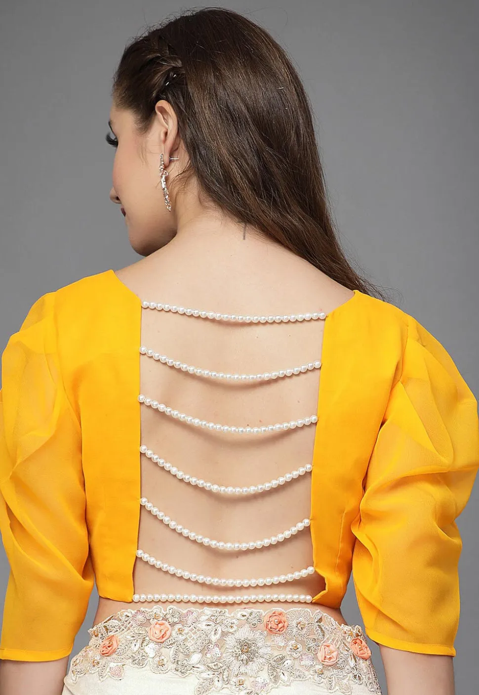 Solid Color Georgette Back Cut Out Blouse in Mustard