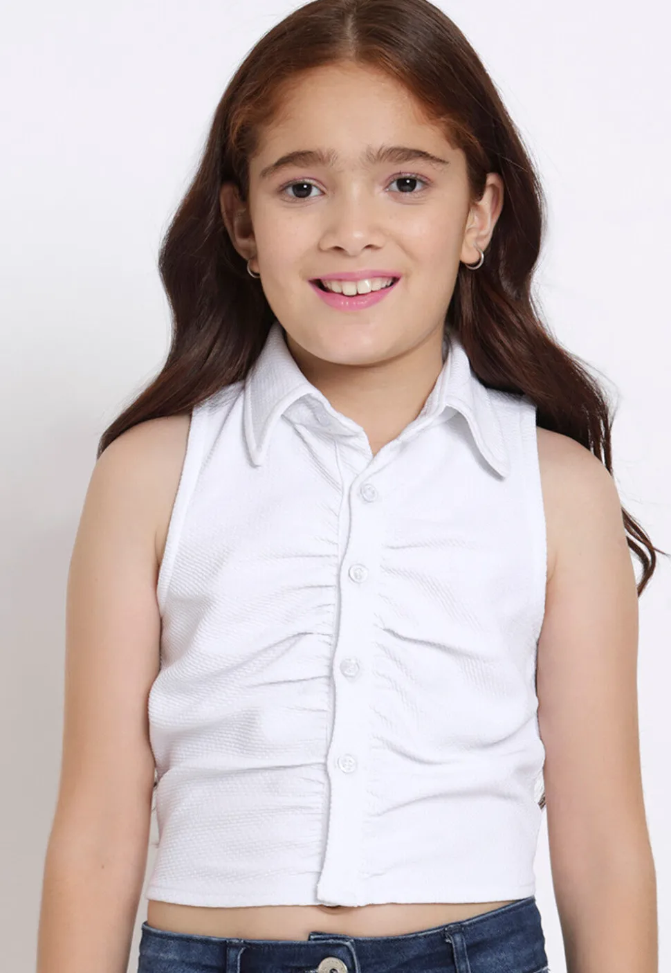 Solid Color Georgette Lycra (Elastane) Shirt Style Crop Top in White