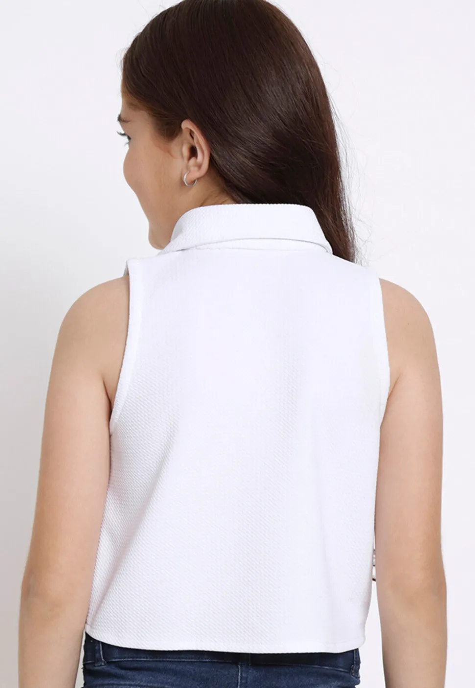 Solid Color Georgette Lycra (Elastane) Shirt Style Crop Top in White