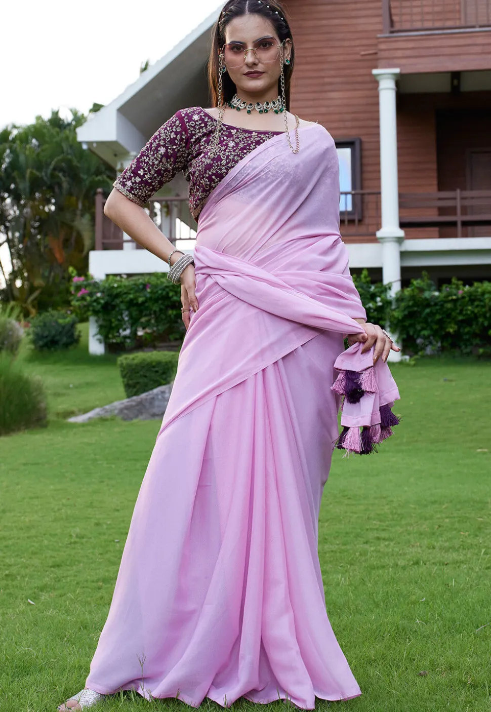 Solid Color Georgette Saree in Purple