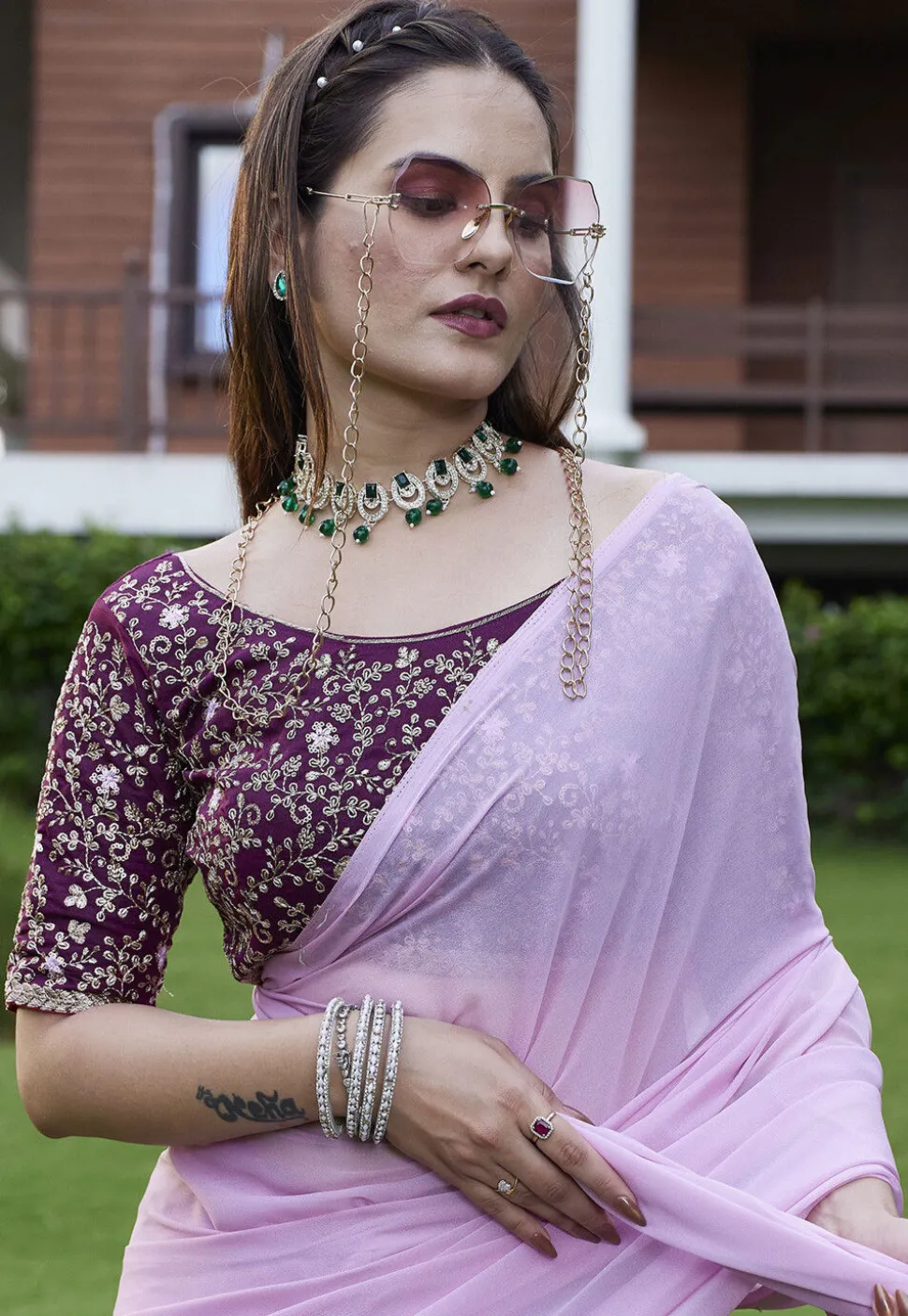 Solid Color Georgette Saree in Purple