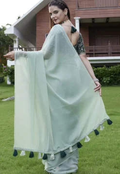 Solid Color Georgette Saree in Dusty Green