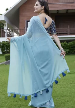Solid Color Georgette Saree in Light Blue
