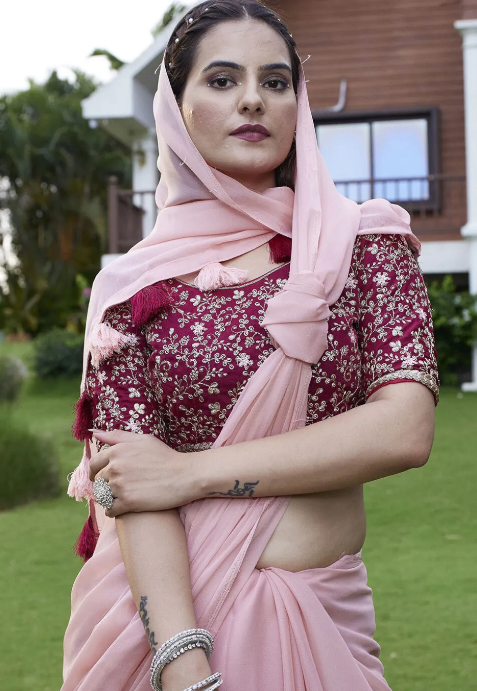 Solid Color Georgette Saree in Pink