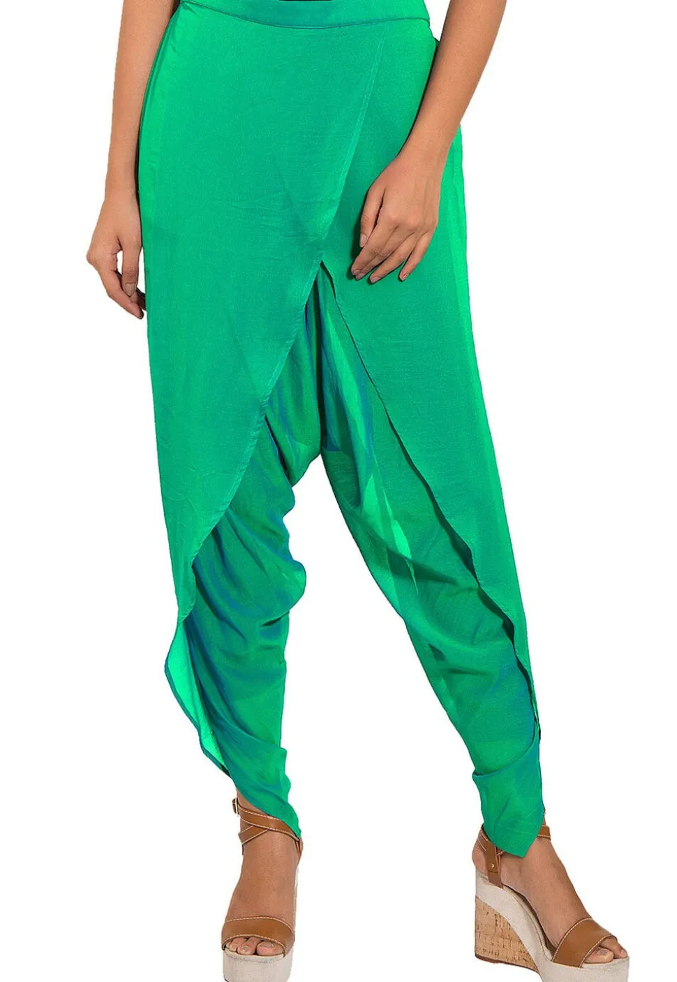Solid Color Georgette Tulip Dhoti Pant in Teal Green