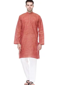 Solid Color Handloom Cotton Slub Kurta in Red