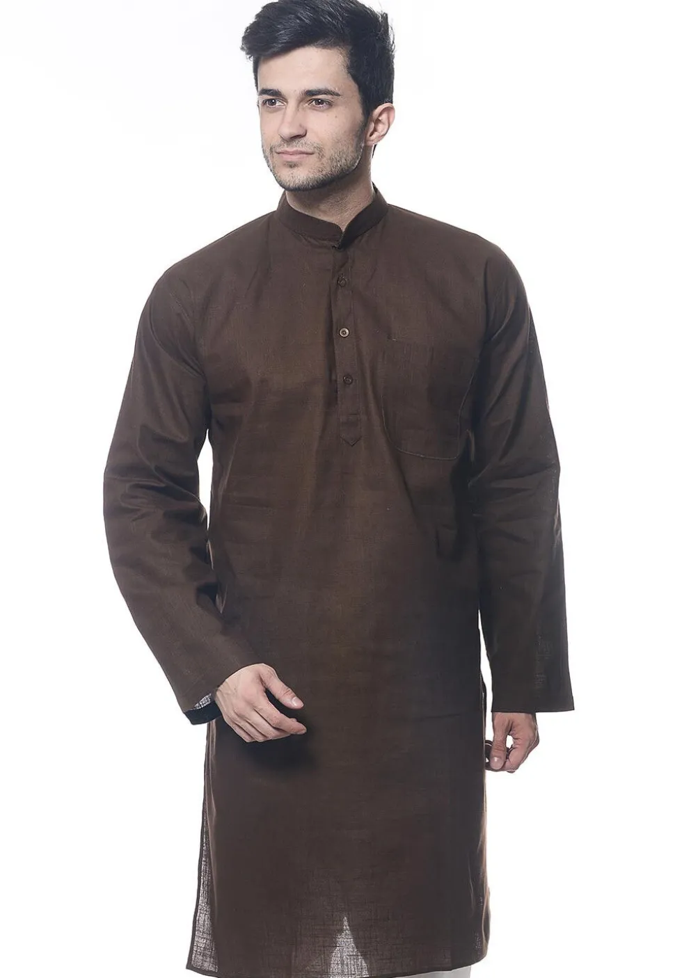 Solid Color Handloom South Cotton Kurta in Dark Brown