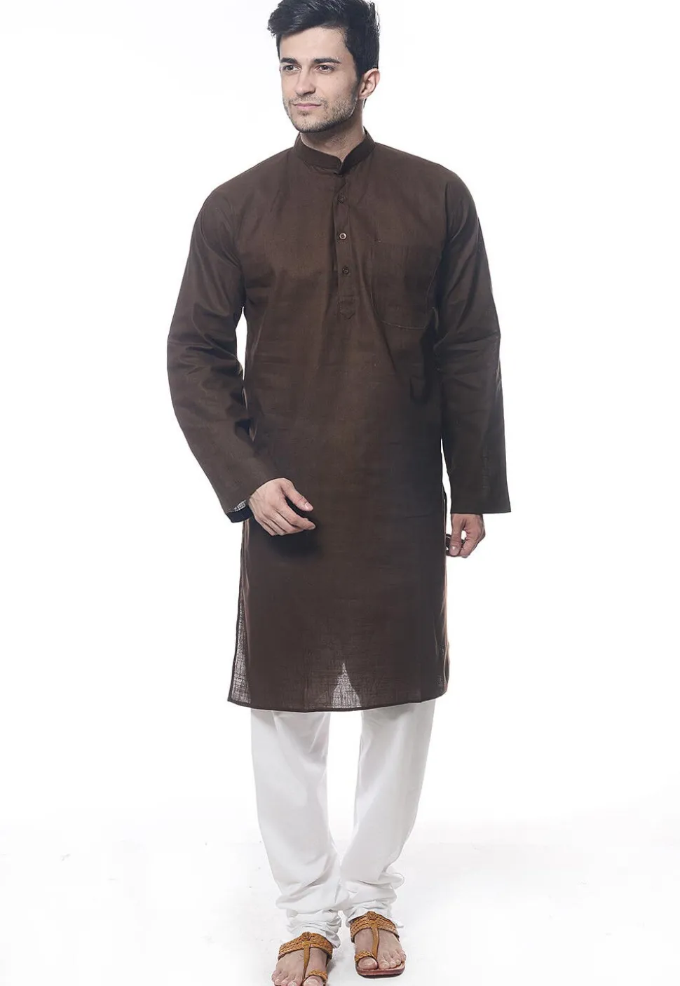Solid Color Handloom South Cotton Kurta in Dark Brown