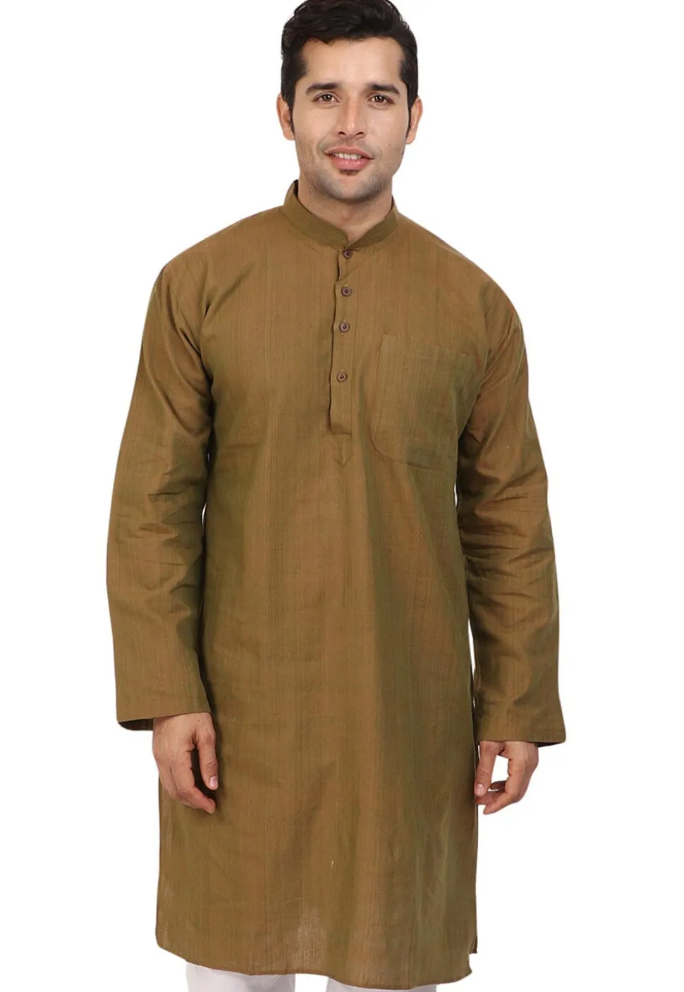 Solid Color Handloom South Cotton Kurta in Dark Olive Green