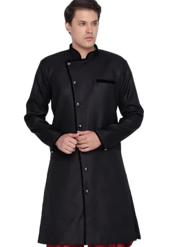 Solid Color Jute Cotton Sherwani in Black