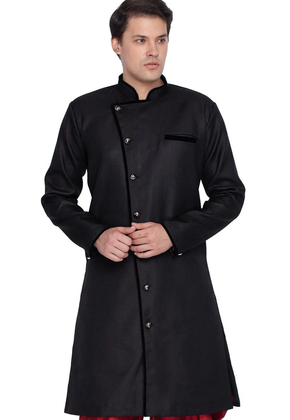 Solid Color Jute Cotton Sherwani in Black