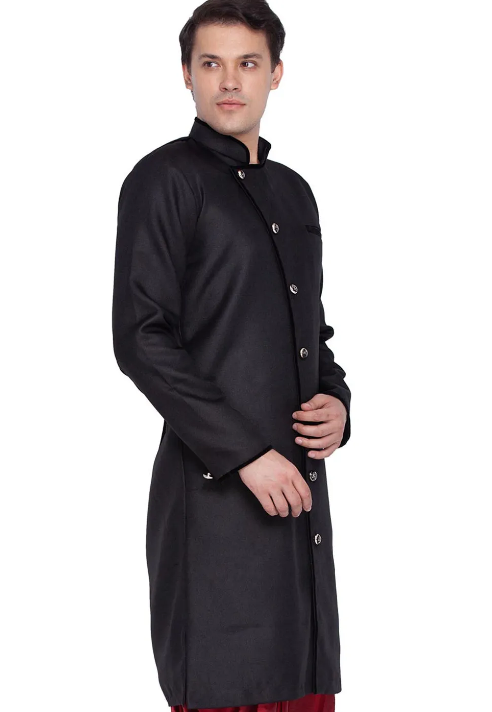 Solid Color Jute Cotton Sherwani in Black
