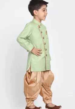 Solid Color Jute Silk Dhoti Sherwani in Light Green