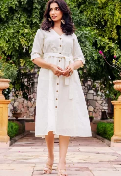 Solid Color Linen Cotton Button Down Dress in Off White