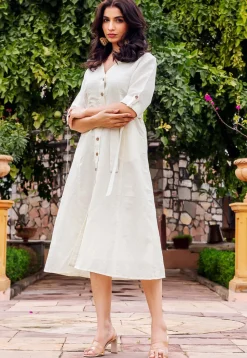 Solid Color Linen Cotton Button Down Dress in Off White