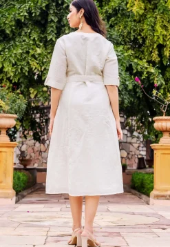 Solid Color Linen Cotton Button Down Dress in Off White