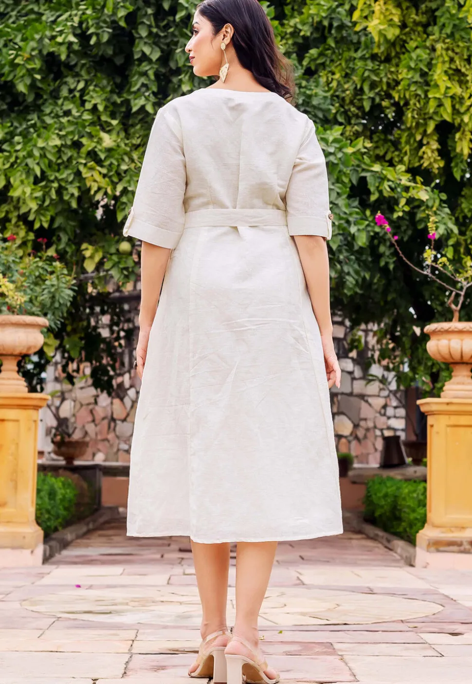 Solid Color Linen Cotton Button Down Dress in Off White