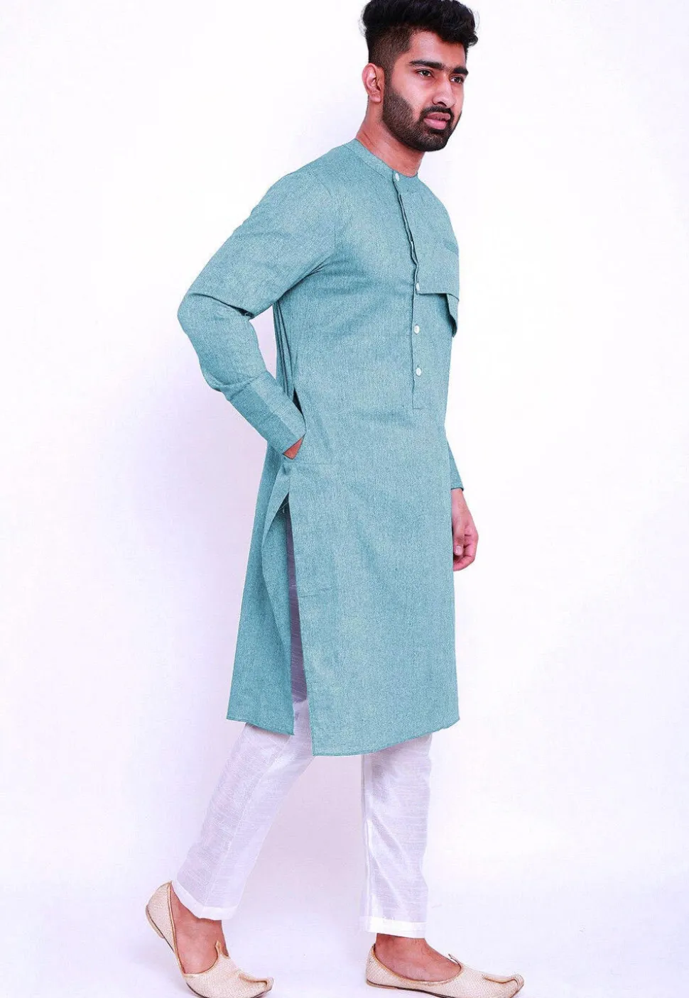 Solid Color Linen Cotton Kurta Set in Sky Blue