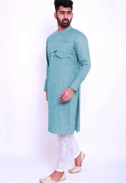 Solid Color Linen Cotton Kurta Set in Sky Blue