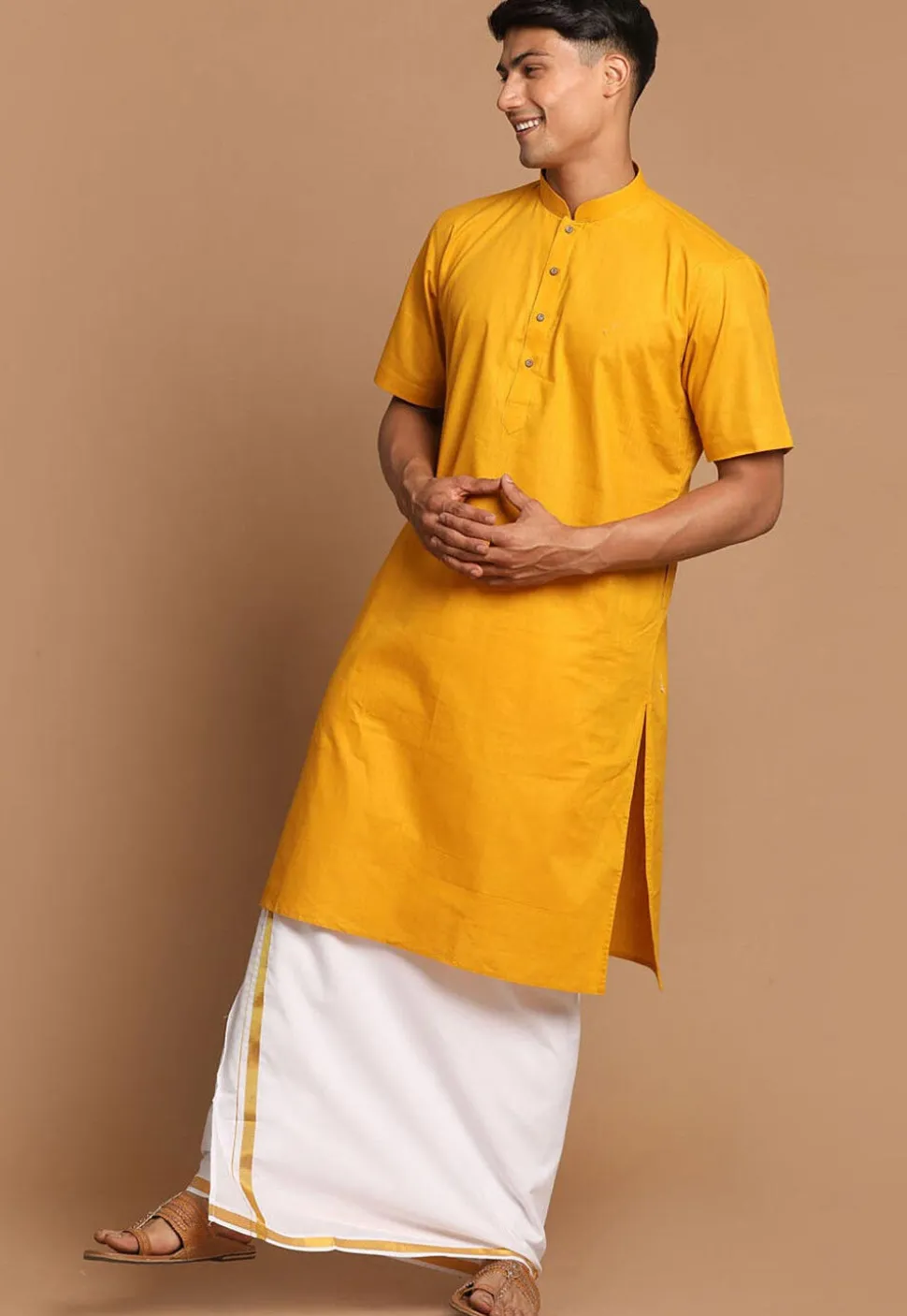 Solid Color Linen Cotton Kurta Mundu Set in Mustard