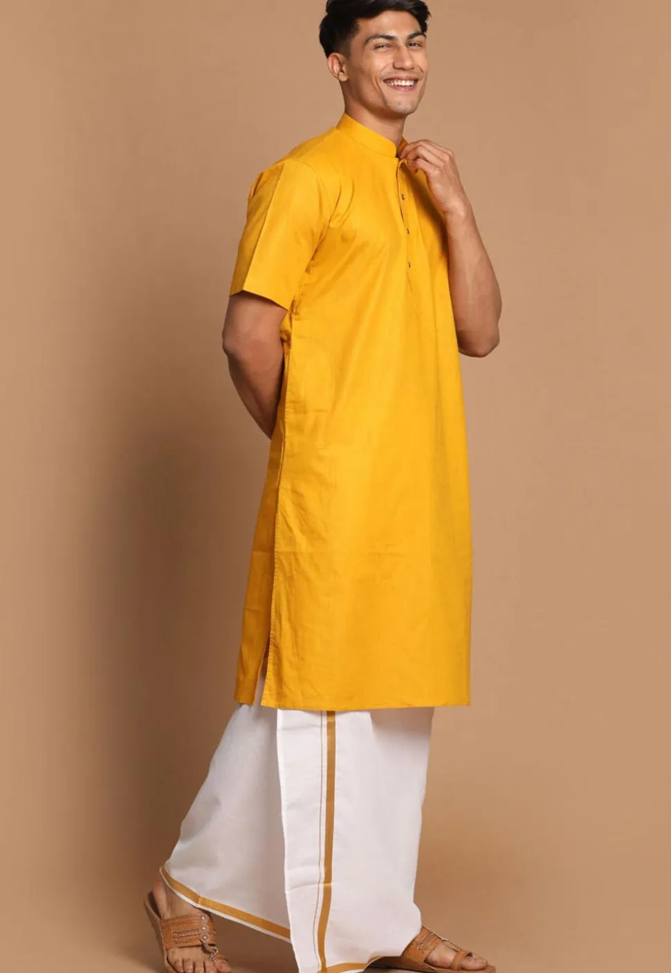 Solid Color Linen Cotton Kurta Mundu Set in Mustard