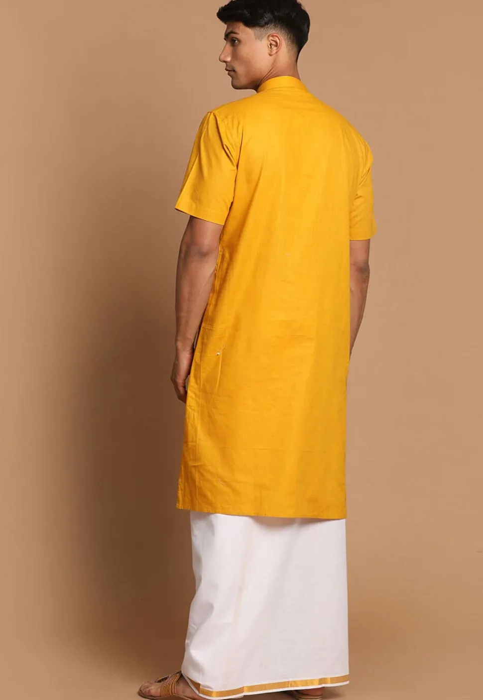 Solid Color Linen Cotton Kurta Mundu Set in Mustard