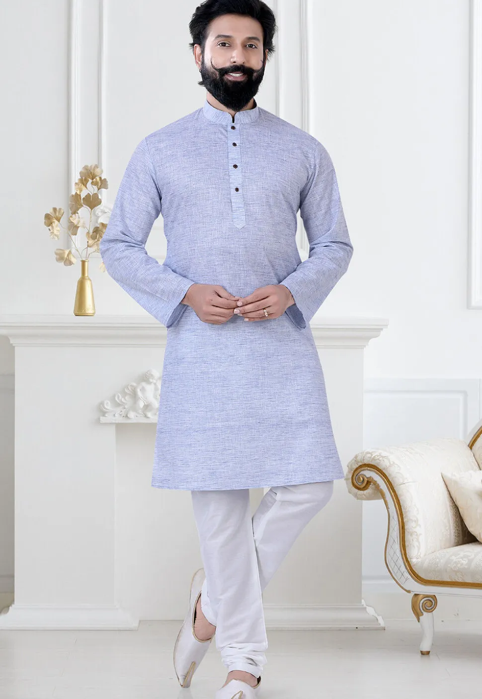 Solid Color Linen Kurta Set in Light Purple